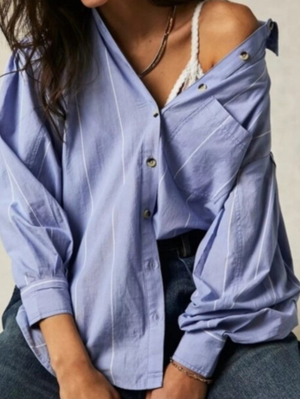 Free People Light Blue Pinstripe Relaxed Button-Down Shirt